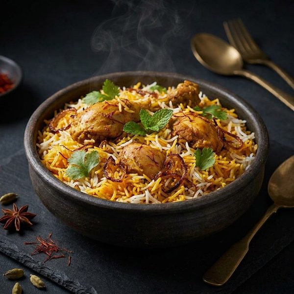 Chicken biryani in a dark bowl with saffron rice, fried onions, mint and coriander