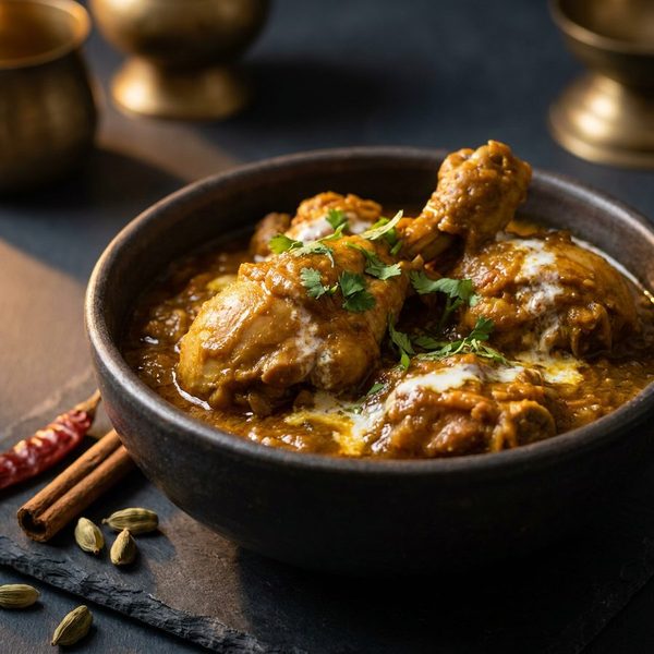 Chicken curry in a dark bowl, topped with coriander, with a dried chilli, cinnamon and cardamom beside it