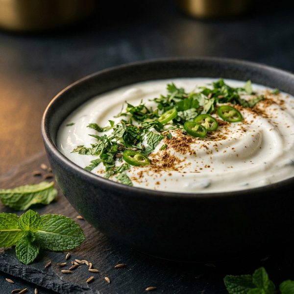 Greek-yoghurt raita in a dark bowl with coriander, mint, green chilli and toasted cumin