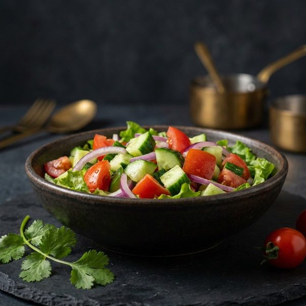 Cucumber, tomato, red onion and lettuce salad in a dark bowl