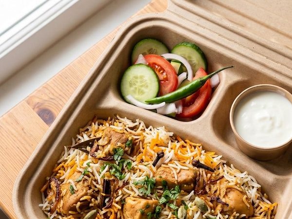Chicken biryani in the kraft Buraq box, with salad and a pot of raita