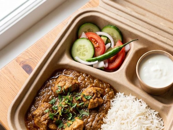 Chicken curry and white rice in the kraft Buraq box, with cucumber, tomato and onion salad and a pot of raita
