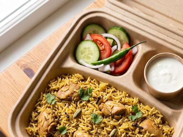 Chicken pilau rice in the kraft Buraq box, with salad and a pot of raita