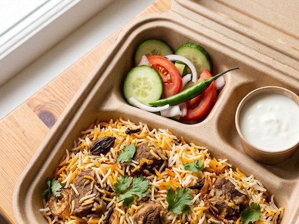 Lamb biryani in the kraft Buraq box, with salad and a pot of raita