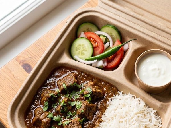 Lamb curry and white rice in the kraft Buraq box, with salad and a pot of raita