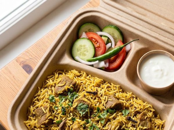 Lamb pilau rice in the kraft Buraq box, with salad and a pot of raita