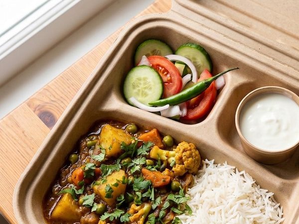 Vegetable curry and white rice in the kraft Buraq box, with salad and a pot of raita