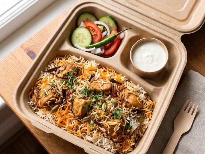 Chicken biryani in the kraft three-compartment Buraq box, with cucumber, tomato and onion salad, a green chilli and a pot of raita, open on a wooden desk by a window